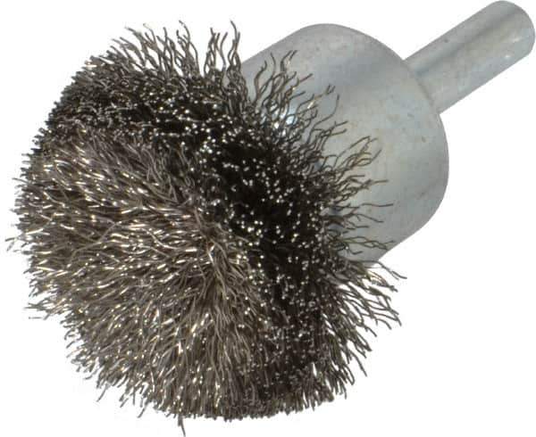 Weiler - 1-1/2" Brush Diam, Crimped, Flared End Brush - 1/4" Diam Shank, 20,000 Max RPM - Top Tool & Supply