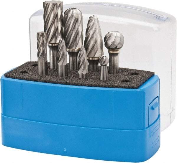 Made in USA - 8 Piece, 1/4" Shank Burr Set - Tungsten Carbide, Multiple Head Shape - Top Tool & Supply