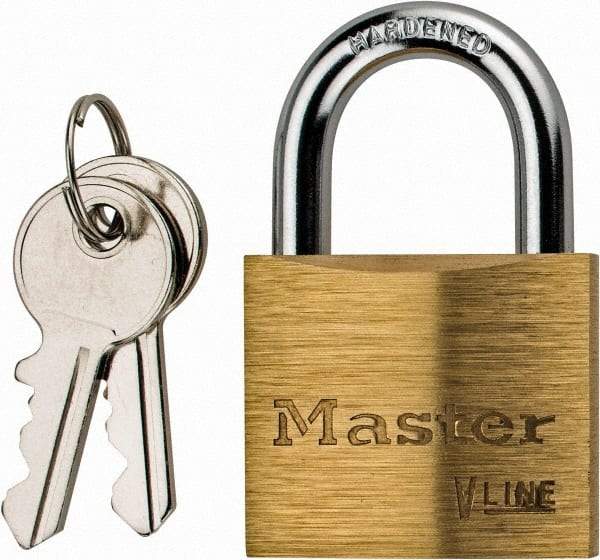 Master Lock - 13/16" Shackle Clearance, Keyed Different Padlock - 1/4" Shackle Diam, Brass - Top Tool & Supply