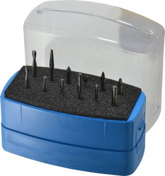 Made in USA - 12 Piece, 1/8" Shank Burr Set - Solid Carbide, Multiple Head Shape - Top Tool & Supply