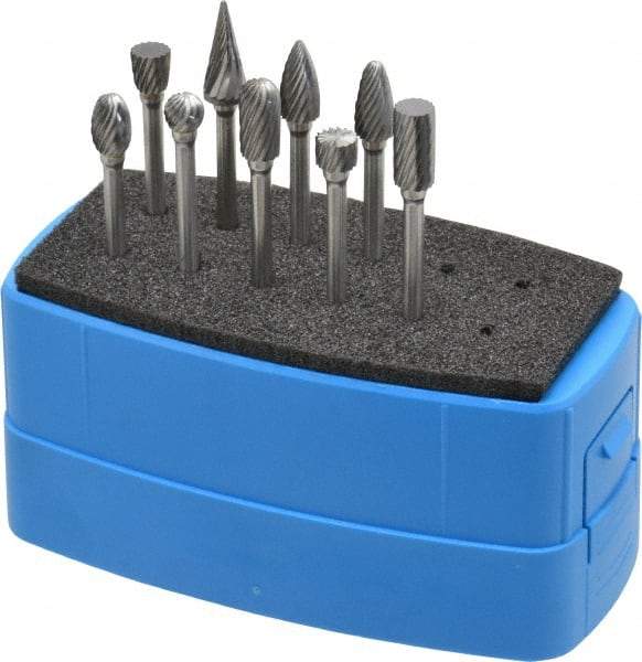 Made in USA - 9 Piece, 1/8" Shank Burr Set - Solid Carbide, Multiple Head Shapes - Top Tool & Supply