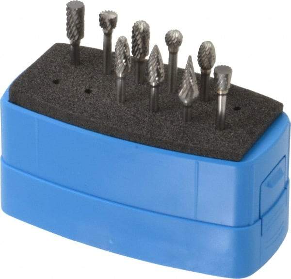 Made in USA - 9 Piece, 1/8" Shank Burr Set - Solid Carbide, Multiple Head Shapes - Top Tool & Supply