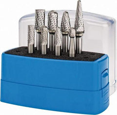 Made in USA - 8 Piece, 1/4" Shank Burr Set - Tungsten Carbide, Multiple Head Shape - Top Tool & Supply