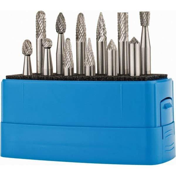 Made in USA - 12 Piece, 1/4" Shank Burr Set - Solid Carbide, Multiple Head Shape - Top Tool & Supply