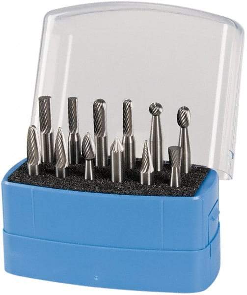 Made in USA - 12 Piece, 1/4" Shank Burr Set - Solid Carbide, Multiple Head Shape - Top Tool & Supply