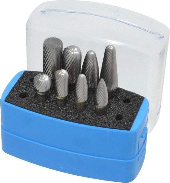 Made in USA - 8 Piece, 1/4" Shank Burr Set - Solid Carbide, Multiple Head Shapes, 14° Included Angle - Top Tool & Supply