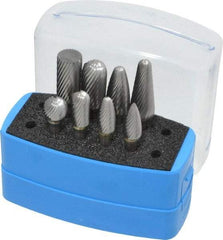 Made in USA - 8 Piece, 1/4" Shank Burr Set - Solid Carbide, Multiple Head Shapes, 14° Included Angle - Top Tool & Supply