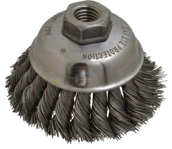 Anderson - 3-1/2" Diam, 5/8-11 Threaded Arbor, Steel Fill Cup Brush - 0.02 Wire Diam, 1-1/4" Trim Length, 9,000 Max RPM - Top Tool & Supply