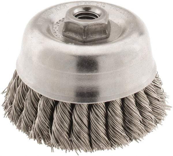 Anderson - 4" Diam, 5/8-11 Threaded Arbor, Stainless Steel Fill Cup Brush - 0.02 Wire Diam, 1-1/4" Trim Length, 9,000 Max RPM - Top Tool & Supply