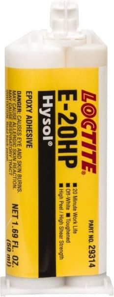 Loctite - 50 mL Cartridge Two Part Epoxy - 20 min Working Time, 4,690 psi Shear Strength, Series E-20HP - Top Tool & Supply