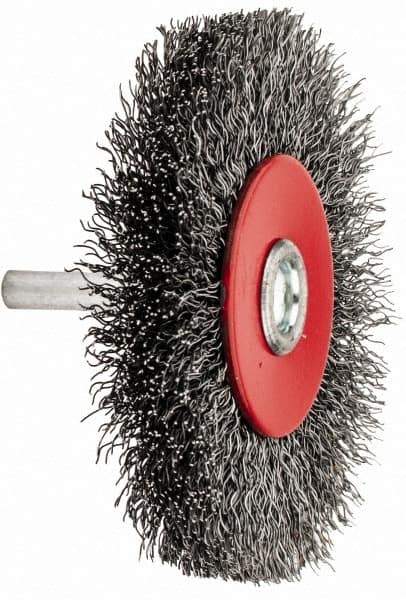 Value Collection - 3-1/16" OD, 1/4" Shank Diam, Crimped Steel Wheel Brush - 1/2" Face Width, 3/4" Trim Length, 0.015" Filament Diam, 12,000 RPM - Top Tool & Supply