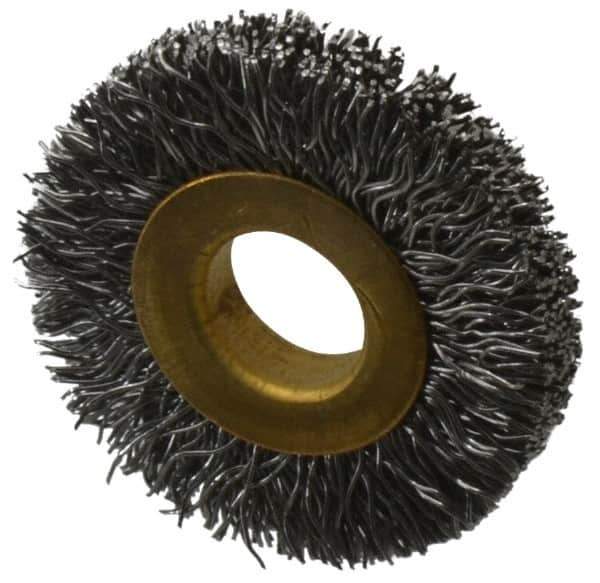 Value Collection - 1-1/4" OD, 3/8" Arbor Hole, Crimped Steel Wheel Brush - 1/4" Face Width, 9/32" Trim Length, 0.012" Filament Diam, 20,000 RPM - Top Tool & Supply