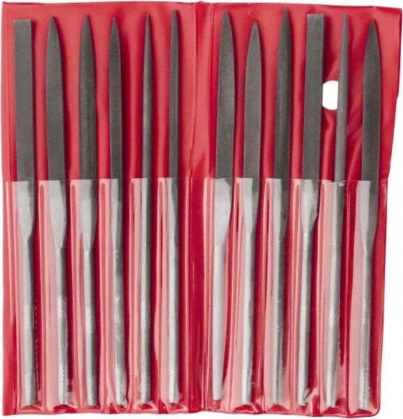 Value Collection - 12 Piece Swiss Pattern File Set - 6-1/4" Long, 2 Coarseness, Round Handle, Set Includes Barrette, Crossing, Equalling, Flat, Half Round, Knife, Round, Round Edge Joint, Slitting, Square, Three Square - Top Tool & Supply