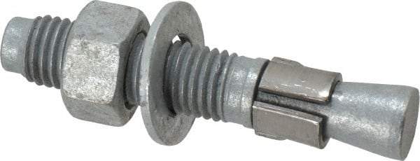 Made in USA - 3/4" Diam, 3/4" Drill, 4-1/4" OAL, 1-3/8" Min Embedment Wedge Expansion Concrete Anchor - Grade 5 Steel, Galvanized Finish, Hex Nut Head, Hex Drive, 2-3/8" Thread Length - Top Tool & Supply