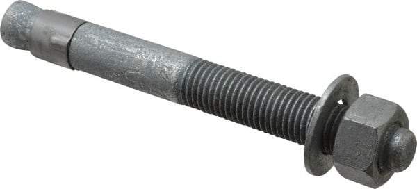 Made in USA - 7/8" Diam, 7/8" Drill, 8" OAL, 2-1/2" Min Embedment Wedge Expansion Concrete Anchor - Grade 5 Steel, Galvanized Finish, Hex Nut Head, Hex Drive, 4" Thread Length - Top Tool & Supply