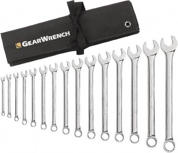 GearWrench - 15 Piece, 5/16" to 1-1/4", 12 Point Combination Wrench Set - Inch Measurement Standard, Chrome Finish, Comes in Roll - Top Tool & Supply