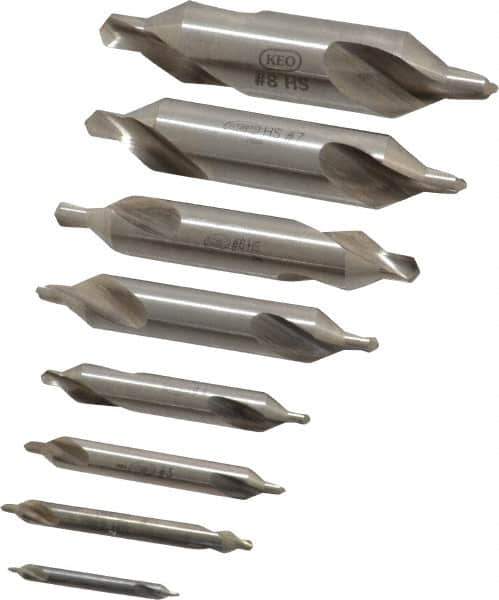 Keo - 8 Piece, #1 to 8, Plain Edge, High Speed Steel Combo Drill & Countersink Set - 60° Incl Angle - Top Tool & Supply