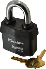 Master Lock - 1-3/8" Shackle Clearance, Keyed Different Padlock - 7/8" Shackle Width, 7/16" Shackle Diam, Laminated Steel - Top Tool & Supply