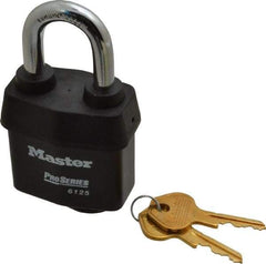 Master Lock - 1-3/8" Shackle Clearance, Keyed Different Padlock - 7/8" Shackle Width, 3/8" Shackle Diam, Laminated Steel - Top Tool & Supply