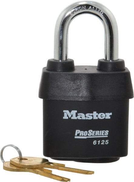 Master Lock - 1-3/8" Shackle Clearance, Keyed Alike Padlock - 7/8" Shackle Width, 3/8" Shackle Diam, Laminated Steel - Top Tool & Supply