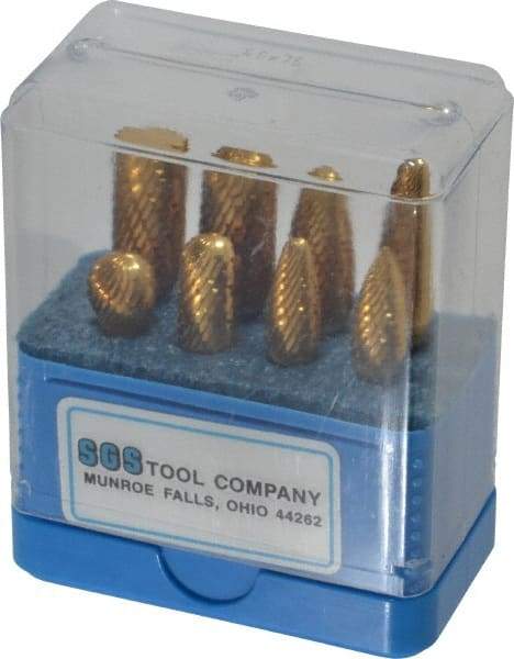 SGS Pro - 8 Piece, 1/4" Shank Burr Set - Tungsten Carbide, Multiple Head Shapes, 14° Included Angle - Top Tool & Supply