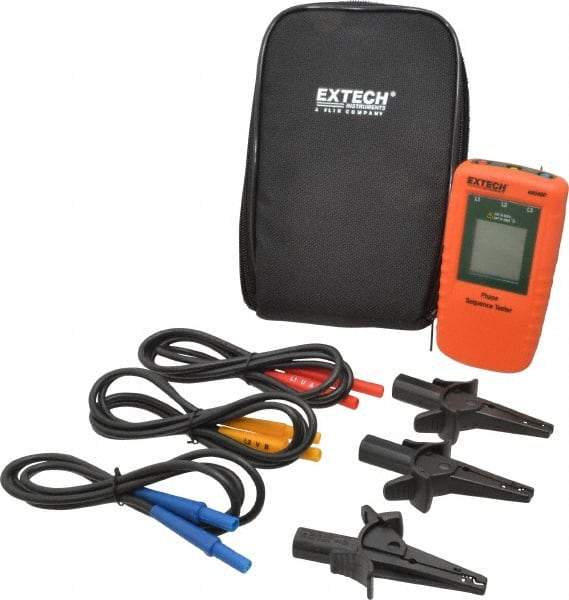 Extech - 3 Phase, 40 to 600 VAC, 15 to 400 Hz, 32 to 104°F, LCD Display Phase Rotation Tester - No Battery Required, Includes Alligator Clips, Test Leads, CAT III 600 V, CE, EN 61010-1 - Top Tool & Supply