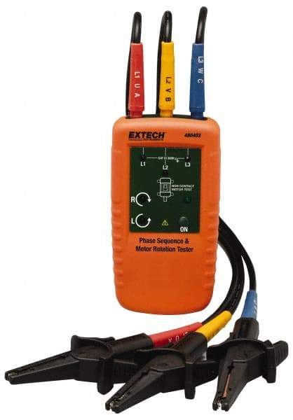 Extech - 3 Phase, 40 to 600 VAC, 2 to 400 Hz, 32 to 104°F, LED Display Phase Rotation Tester - 9V, Includes Alligator Clips, Test Leads, CAT III 600 V, CE, EN 61010-1 - Top Tool & Supply