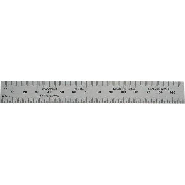 PEC Tools - 150mm Long, 0.5, 1mm Graduation, Rigid Steel Rule - Metric Graduation Style, 3/4" Wide, Silver, Satin Chrome Finish - Top Tool & Supply