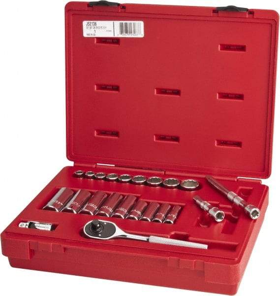 Proto - 22 Piece 3/8" Drive Chrome Finish Deep Well Socket Set - 12 Points, 3/8" to 7/8" Range, Inch Measurement Standard - Top Tool & Supply