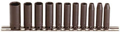 Proto - 11 Piece 1/4" Drive Black Finish Deep Well Impact Socket Set - 6 Points, 3/16" to 5/8" Range, Inch Measurement Standard - Top Tool & Supply