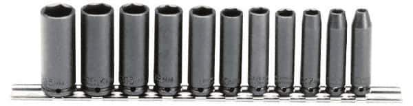 Proto - 11 Piece 1/4" Drive Black Finish Deep Well Impact Socket Set - 6 Points, 5mm to 15mm Range, Metric Measurement Standard - Top Tool & Supply