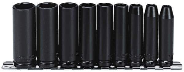 Proto - 9 Piece 3/8" Drive Black Finish Deep Well Impact Socket Set - 6 Points, 1/4" to 3/4" Range, Inch Measurement Standard - Top Tool & Supply