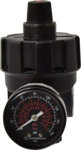 Norgren - 1/4 NPT Port, 200 CFM, Zinc Hi-Flow Regulator - 10 to 125 psi Range, 300 Max psi Supply Pressure, 1/4" Gauge Port Thread, 2.7" Wide x 4.83" High - Top Tool & Supply