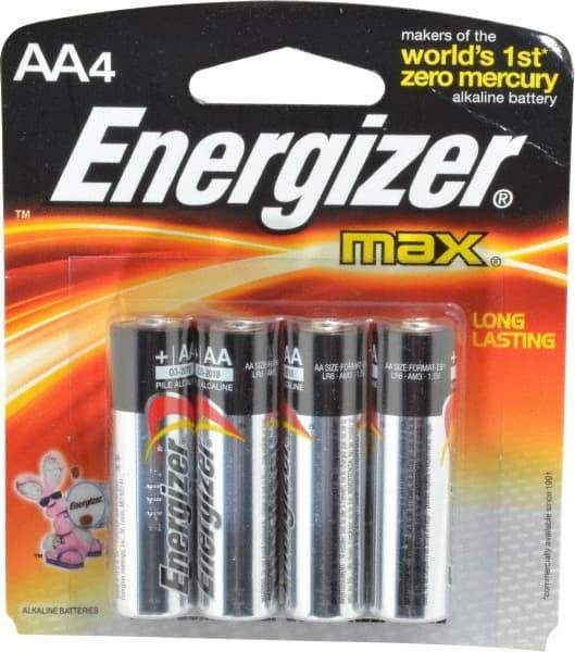 Energizer - Size AA, Alkaline, 4 Pack, Standard Battery - 1.5 Volts, Flat Terminal, LR6, ANSI, IEC Regulated - Top Tool & Supply