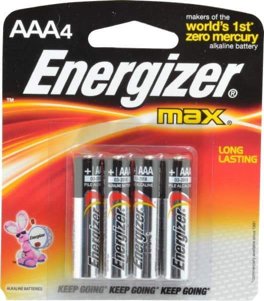 Energizer - Size AAA, Alkaline, 4 Pack, Standard Battery - 1.5 Volts, Button Tab Terminal, LR03, ANSI, IEC Regulated - Top Tool & Supply