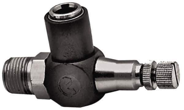 Norgren - 1/2" Tube Inlet x 1/2" NPTF Outlet Right Angle Adjustable Flow Control Valve - 5 to 150 psi, Needle Valve & Thermoplastic Material - Top Tool & Supply