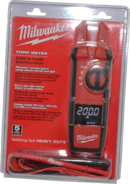 Milwaukee Tool - 2205-20, CAT IV, CAT III, Digital True RMS Clamp Meter with 0.63" Fork Jaws - 1000 VAC/VDC, 200 AC/DC Amps, Measures Voltage, Continuity, Current, Resistance - Top Tool & Supply