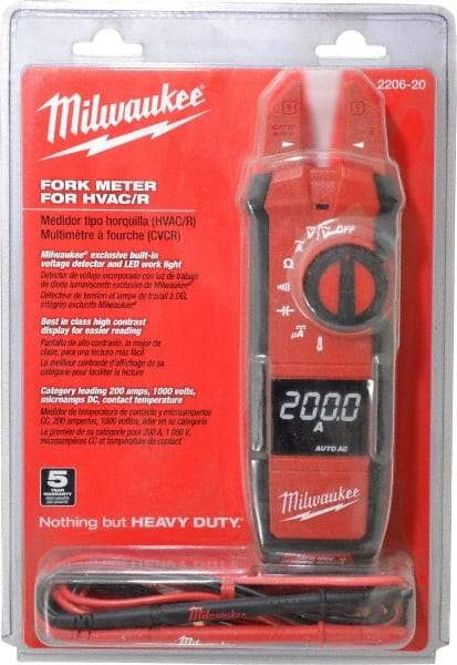 Milwaukee Tool - 2206-20, CAT IV, CAT III, Digital True RMS Clamp Meter with 0.63" Fork Jaws - 1000 VAC/VDC, 200 AC/DC Amps, Measures Voltage, Capacitance, Continuity, Current, Resistance, Temperature - Top Tool & Supply