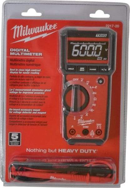 Milwaukee Tool - 2217-20, CAT III, 600 VAC/VDC, Digital True RMS Auto Ranging Multimeter - 40 mOhm, Measures Voltage, Capacitance, Current, Frequency, Resistance, Temperature - Top Tool & Supply