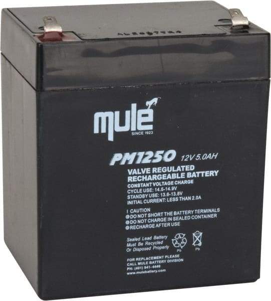 Mule - Lead-Acid, Quick-Disconnect Tab Terminal, 12 Volt, 5 Amp, Lead Rechargeable Battery - 4.8mm Tab Width x 0.8mm Tab Thickness, 2.76" Wide x 4.21" High x 3.54" Deep - Top Tool & Supply