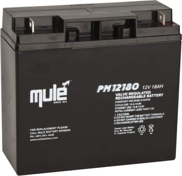 Mule - Lead-Acid, Nut/Bolt Terminal, 12 Volt, 18 Amp, Lead Rechargeable Battery - 1/4" Hole Diam, 2.56" Wide x 6.57" High x 7.13" Deep - Top Tool & Supply