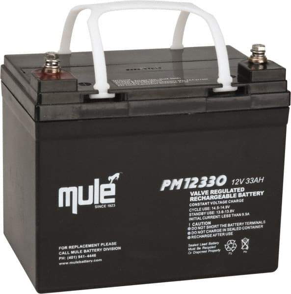 Mule - Lead-Acid, Nut/Bolt Terminal, 12 Volt, 33 Amp, Lead Rechargeable Battery - 6mm Hole Diam, 5.12" Wide x 6.61" High x 7.68" Deep - Top Tool & Supply