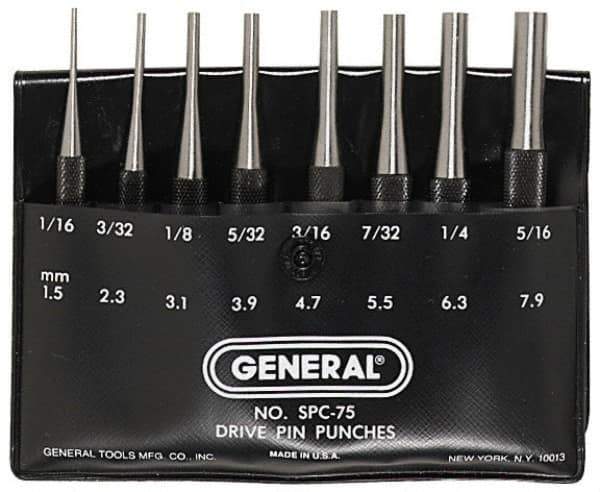 General - 8 Piece, 1/16 to 5/16", Pin Punch Set - Comes in Plastic Case - Top Tool & Supply