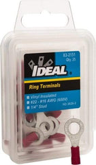 Ideal - 22-18 AWG Partially Insulated Crimp Connection Circular Ring Terminal - 1/4" Stud, 1.055" OAL x 0.394" Wide, Tin Plated Brass Contact - Top Tool & Supply