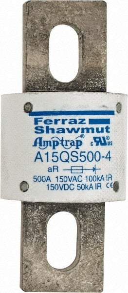 Ferraz Shawmut - 150 VAC/VDC, 500 Amp, Fast-Acting Semiconductor/High Speed Fuse - Bolt-on Mount, 3-1/2" OAL, 100 at AC, 50 at DC kA Rating, 1-1/2" Diam - Top Tool & Supply