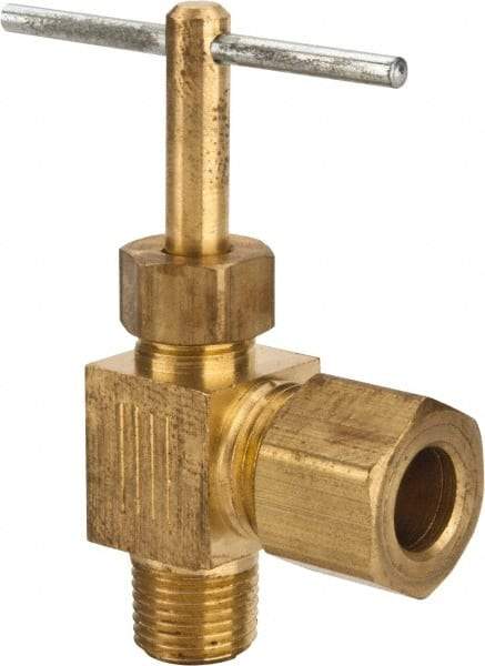 Parker - 5/16 x 1/8" Pipe, Angled Needle Valve - Compression x MNPTF Ends, Brass Valve, 150 Max psi - Top Tool & Supply