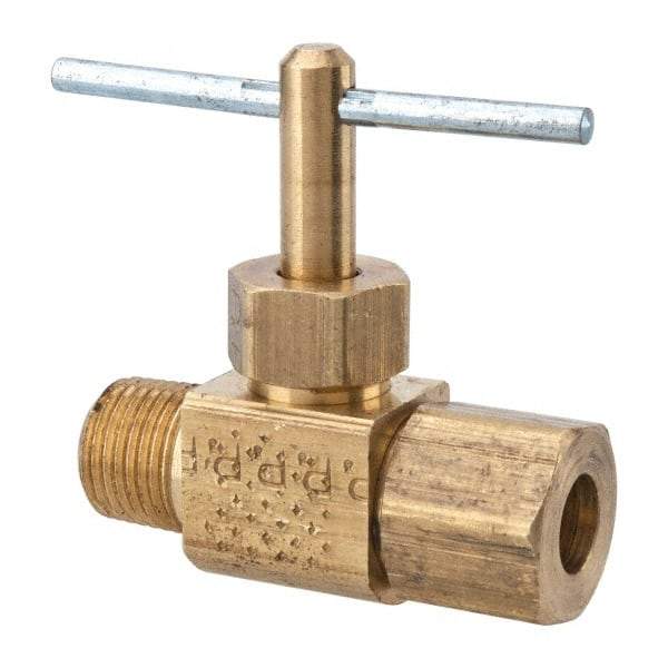 Parker - 1/4 x 1/8" Pipe, Inline Needle Valve - Compression x MNPTF Ends, Brass Valve, 150 Max psi - Top Tool & Supply