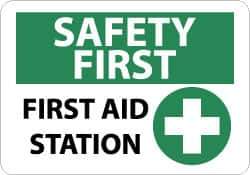 NMC - "Safety First - First Aid Station", 10" Long x 14" Wide, Pressure-Sensitive Vinyl Safety Sign - Rectangle, 0.004" Thick, Use for First Aid - Top Tool & Supply