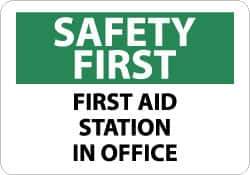 NMC - "Safety First - First Aid Station in Office", 10" Long x 14" Wide, Aluminum Safety Sign - Rectangle, 0.04" Thick, Use for First Aid - Top Tool & Supply