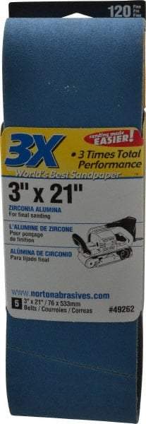 Norton - 3" Wide x 21" OAL, 120 Grit, Zirconia Alumina Abrasive Belt - Zirconia Alumina, Fine, Coated, Y Weighted Cloth Backing, Series 3X - Top Tool & Supply